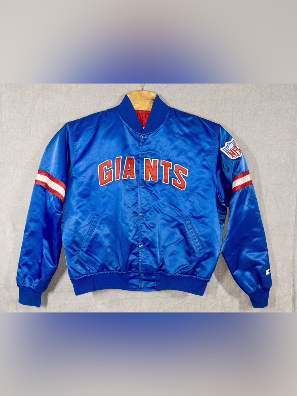 NY Giants Blue Satin Bomber Jacket - Vintage NFL Starter Pro-Line Team Jacket